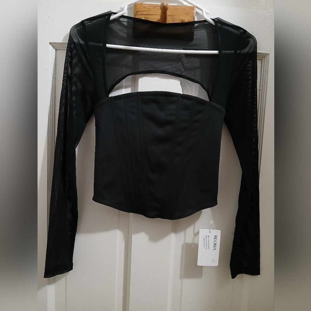 Reoria- Boned Bustier Top With Attatched Sheer Mesh Long Sleeves, S, NWT
